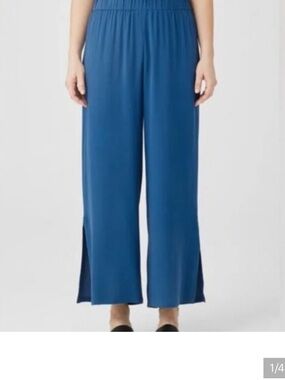 Eileen Fisher Teal-Blue Wide Leg Silk Pants